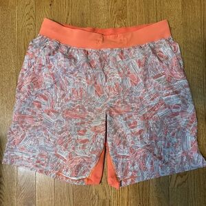 Lululemon Size L T.H.E Shorts Linerless Parallel Divide Warm Coral Multi Orange